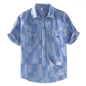 Mäns casual skjortor sommaren mäns denim tryck kortärmad skjorta lös bomull tunn jean högkvalitativ manlig mode trend märke blå topp
