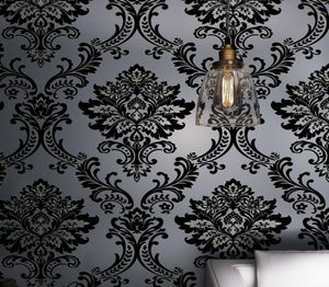 Продажа уникальной классической загадки Black Velvet Velvet Flocking Damask Wallpaper Textile Wallcovering для домашнего украшения 9016954