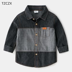 Kids Shirts Boy's Shirts Denim Patchwork color Full sleeved Children Cotton Shirts Clothing For 2-7 Year Kids 230317