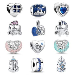 925 Silver Fit Pandora Original Charms Diy подвесные женские браслеты бусинки Новые серебряные голубые семейные подвесные кулоны Boygirl Baby Бутылка