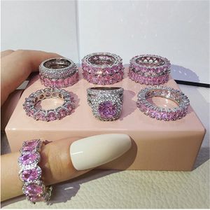 Anel de diamante rosa elegante 925 Sterling Silver Engagement Banding Banding Rings For Mulheres Promise o presente de joias de festa