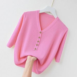 Women's T Shirts 2023 Summer Korean V-neck Short-sleeved T-shirt Women Knitted Sweater Loose And Thin All-match Solid Color Top A1041