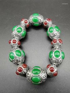 Bangle China Old Tibet Silver Carving Flower Inlaid Red Green Jade Bracelet Collection Ornaments Statues For Decoration