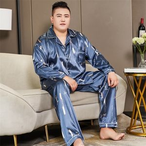 Men's Sleepwear 3xl-5xl Plus Size 150kg Graphics Silk Pajamas for Men Autumn Spring Long Sleeve Singer Breast Top and Pants Sleepwear Pjs 230317