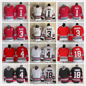 Maglia da hockey vintage film Ricamo CCM retrò 3 Maglia Pierre Pilote 4 Bobby Orr 18 Denis Savard 30 Ed Belfour 1 Glenn Hall 2 Duncan Keith Maglie rosse bianche nere