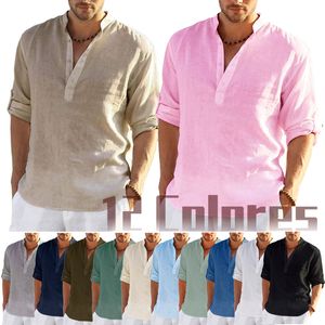 Мужские футболки льняные с длинным рукавом Т-сплошной цвет свободный повседневный хлопок 230317