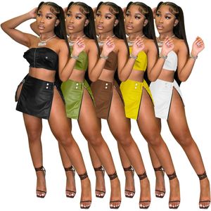 Partihandel Tvådelad klänning PU Tvåbitar kjolar Set Zipper Crop Tube Tops Double Side Zip Slipt Mini kjolar Kvinnor Y2K BodyCon Outfits Designer 9499