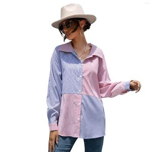 T-shirt da donna 2023 Camicetta con giunture a contrasto di colore a righe autunno e inverno Camicetta blu rosa per donna