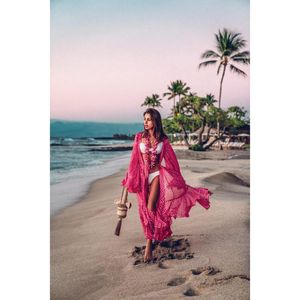 Kadın Mayo Kadın Bikini Örtün Yapma Dot Dot Baskı Uzun Kollu Kravat Gevşek Hawaii Tatil Elbisesi Yaz