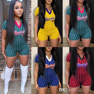 Women Jumpsuits Designer 2023 New Baseball Fashion Letters Printed V Neck Vertical Stripe Bodysuit 4 Colours XS-XL