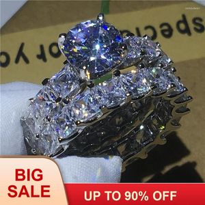 Eheringe Vintage Braut Sets Schmuck Silber Farbe Ring Princess Cut Zirkon Cz Stein Verlobungsband für Frauen