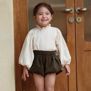 Camicie per bambini Giapponesi coreani dolci per bambini in cotone con maniche a lanterna in pizzo colletto alla coreana camicia da bambina top camicetta pantaloncini con lampada per bambini 230317