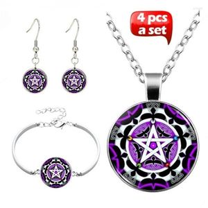 Halskette Ohrringe Set Voodo Magic Pentagram Glas und Armband (insgesamt 4 Stück) Damenschmuck
