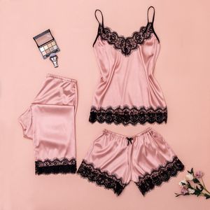 Kadın Sweetwear Seksi Satin Pijama Seti Siyah Dantel Vneck Pijama Kişelsiz Sevimli Kami Top ve Şortlu İç çamaşırı Homewear #W 230317