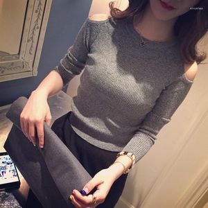 Women's T Shirts Women Basic Solid Cold Shoulder Long Sleeve Shirt Round Crew Neck Plain Knitted Plus Size Lady Slim Sexy Tees Tops Autumn