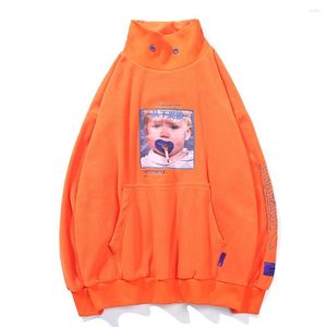 Men's Hoodies Never Compromise Kanji Smoking Kid Painting Print Sweatshirt Turtleneck Hip Hop Chinese Character High Collar Cotton Tops