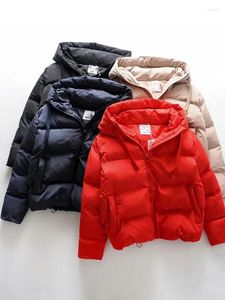 Women's Trench Coats Winter Red Quilted Coat For Women Zip-Up Cropped Hooded Short Jacket With Pocket Korean Parkas Woman Warm Thick