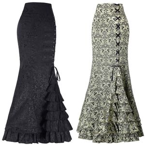 Casual Dresse Moda Punk Estilo Retro Jacquard Sereia Saia Halloween Gótico Victorian Steampunk Long Bodycon Ruffle Fishtail Tiered 230317