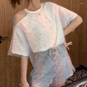 女性用Tシャツネットワークレッドホワイトメッシュ半袖Tシャツ女性夏2023年の奇妙な味覚女の子ヒップホップ服