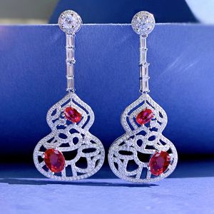 Gourd Ruby Diamond Dangle Earring 100% Real 925 sterling silver Wedding Drop Earrings for Women Promise Engagement Jewelry Gift