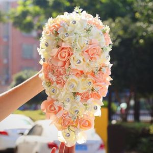 結婚式の花エレガントなPE滝ローズダイヤモンドハンドフラワーブリードオレンジブーケパーティー用品手作りPE301