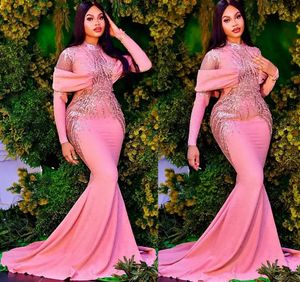 Plus Size Evening Dresses Arabic Aso Ebi Pink Mermaid Luxurious Prom Gowns Beaded Sequins Evening Formal Party Second Reception Birthday