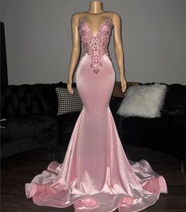 Pink Veet Mermaid Prom -klänningar för svarta flickor Sweetheart Neck Lace Applicques Plus Size Formal Birthday Party Evening Clows