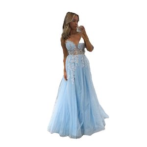 Sky Blue Lace -applikationer Tulle aftonklänningar Party V Neck Women Formal Party Prom Gowns