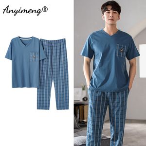 Mäns sömnkläder Summer Cotton Men Pyjama sätter kort ärm långa byxor avslappnad loungewear för pojke lyxiga sömnkläder V-ringar eleganta herrkläder 230317