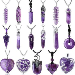 Hänge halsband naturliga Amethysts Reiki Tree of Life Hexagon Heart Wire Wrapped Circle Donut flätad handgjorda halsband Kvinnor Män smycken