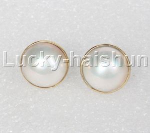 Stud Earrings Natural 16mm Real White South Sea Mabe Pearls Beads 14KT Gold Post J12363