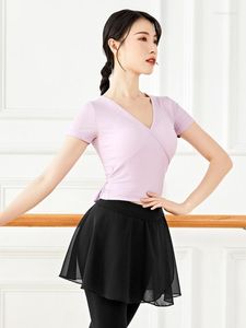 Stage Wear da donna con scollo a V e cravatta in vita per danza classica, camicia classica in tinta unita per adulti