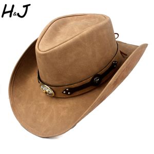 Chapéus de balde largura Chapéus de balde 100% homens de couro ocidental chapéu de cowboy gentleman Dad Fedora Church Sombrero Hombre Jazz Cap Big Size XXL Drop 230317