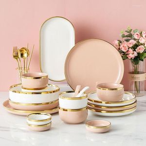 Dinnerware Sets Nordic Style White Ceramic Bowl And Plate Spoon Simple Gold Edge Rice Deep Shallow Dish Gift Tableware Set