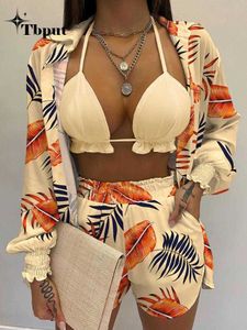 Bikinis set Women Printed High Waist Bikini 3 Pieces Set Female Sexy Full Sleeve Cover Up Swimsuit 2023 New Bathing Shorts Swimwear Suits P230316