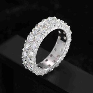 Fina smycken 925 Sterling Silver 2 rader 3mm VVS Moissanite Diamond Iced Out Cluster Tennis Finger Ring for Women Girls