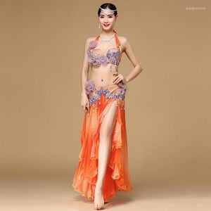 ステージウェアウィメンダンスウェアパフォーマンスエジプトのベリーダンス服衣装C/Dカップマキシスカートオレンジベリーダンスコスチュームセット2PCS