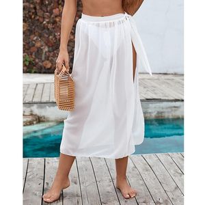 Women's Swimwear CC Chiffon Beach Pareo Women Sexy See-Through Bikini Cover Up Sarong Lady Holiday Solid Lace-up Long Dress Casual Warp Skir