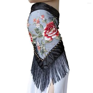 Stage Wear Embroidery Belly Dance Clothes Velvet Fabric Fringes Triangle Belt Tribal Flowers Hip Scarf Sheer Mesh