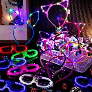Hard Jewelry Glow in the Dark Rave Party Supplies Light Up Glasses LED Cat Bunny Ear Headband Crown Tiaras Hairband for Neon Holiday Christmas Halloween Decorations