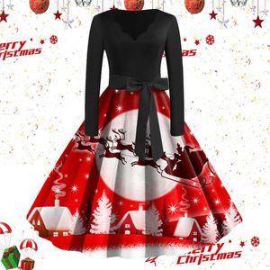 Casual Dresses Vintage Christmas Dress Women Winter Long Sleeve Patchwork Cocktail Elk Xmas Party Wedding Guest