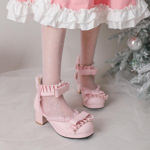 Klänningskor Pink White JK Lolita ruffles Summer Girls Sandals For Woman Bowties Chunky Block Heels Party Womens Black 2023 Big Size 43