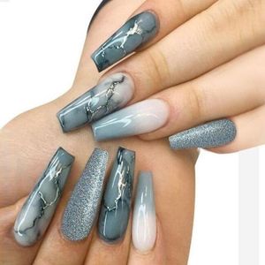 False Nails Long Coffin Shape Marble Gradient Glitter Press On