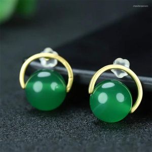 Stud Earrings Selling Natural Hand-carved Gold Color 24k Inlay Jade Beads Son Studs Fashion Jewelry Men Women Luck Gifts