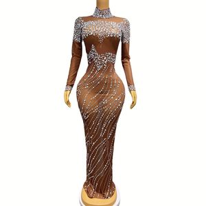 Luxury Sexy Wedding Banquet Prom Party Dresses Silver Rhinestones Transparent Mesh Long Sleeve Skinny Long Gown Costume Women Star Singer Model Evening Dresses