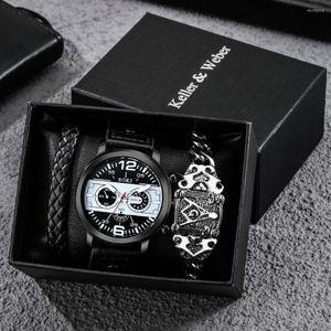 Wristwatches Exquisite Christmas Gifts Set With Box For Dad Men's Fashion Quartz Watch Masonic Bracelet Birthday Gift Kit Husband