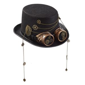 Cappelli a tesa larga Cappelli a secchiello Occhiali a catena per ingranaggi vintage Cappello a cilindro Cappello jazz nero vittoriano Cappello Steampunk Cappello da spettacolo per feste per feste a tema carnevale 230317