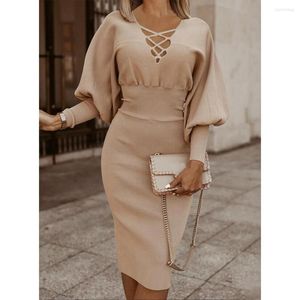 Casual Dresses Women Dress Crisscross Hollow Out BodyCon Autumn Winter Slim Hip Warp Patchwork Party for Daily Wear