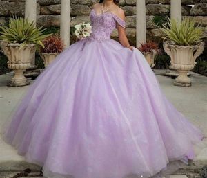 Abiti da Quinceanera Principessa Viola con spalle scoperte Sweetheart Paillettes di cristallo Abito da ballo con taglie forti Sweet 16 Debuttante Party Birthday Vestidos De 15 Anos 60