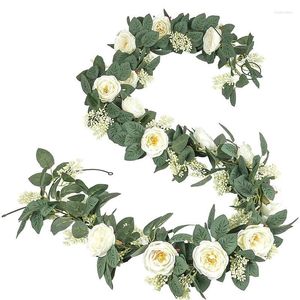 Flores decorativas 2m Rose Artificial Garland Fake Eucalyptus Vine Plantas de vegetação pendurada para o cenário de casamentos decoração de festa no escritório